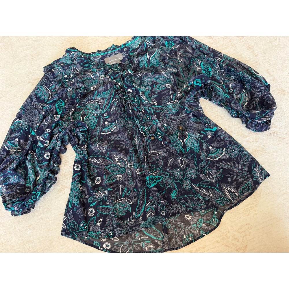 Anthropologie Navy Teal Floral Paisley Lace Up Ruffle Peasant Blouse Small - Picture 2 of 9
